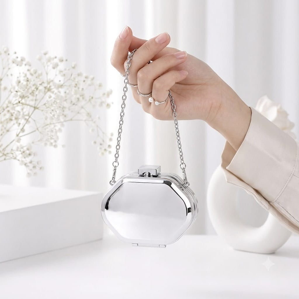 Elegant Silver Metallic Mini Box Clutch Bag with Chain