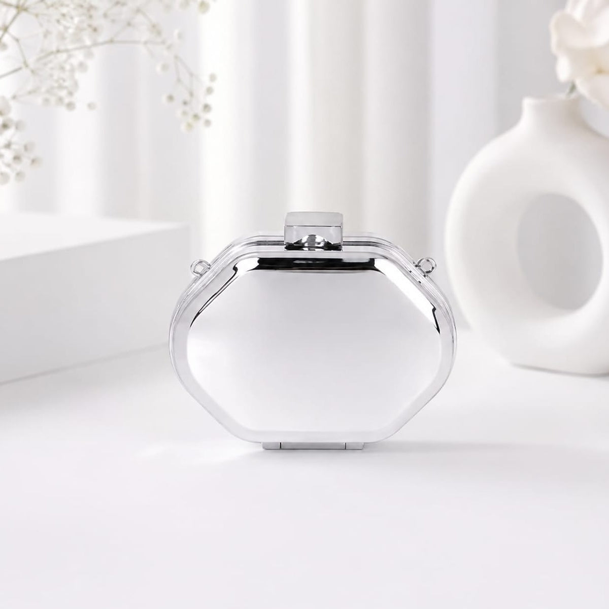 Elegant Silver Metallic Mini Box Clutch Bag with Chain