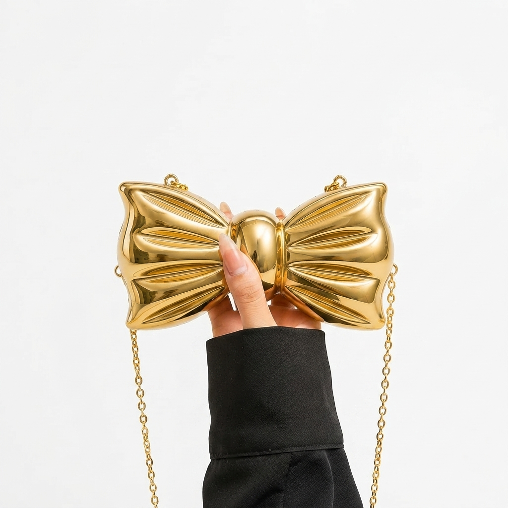 Premium Gold Bow-Shaped Mini Clutch Bag with Chain - Trendy & Chic